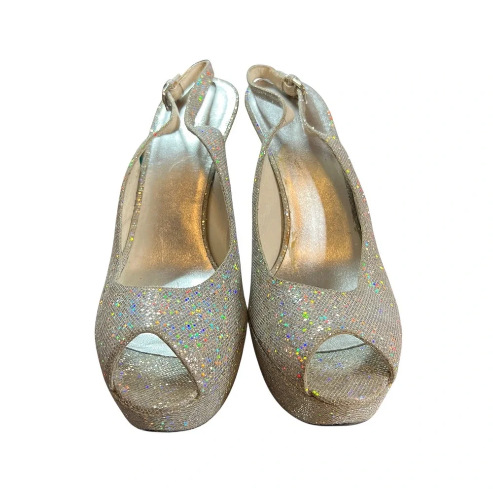 Stuart Weitzman Heels Silver Glitter Peep Toe Platform Slingback‎ US 10